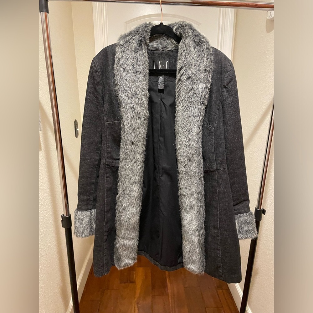INC fur trim grey denim coat size L